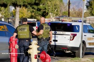 A San Bernardino County Sheriff’s deputy is lucky to be alive after a suspect grabbed her gun and opened fire.